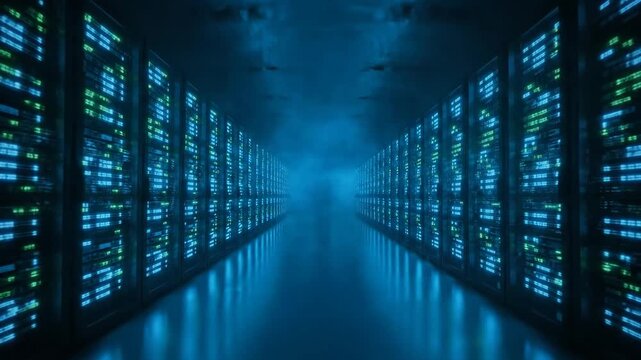 Futuristic Server Room With Rows Of Glowing Blue And Green Racks Reflecting On A Wet Floor Under Dim Lighting