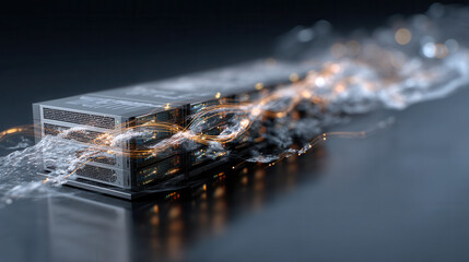 Ultra realistic data storage concept with digital rack and flowing light trails representing fast data transfer