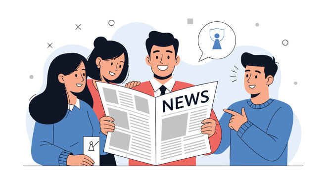 Group of happy friends or colleagues gathered together, smiling and reading the latest news in a newspaper with great interest.