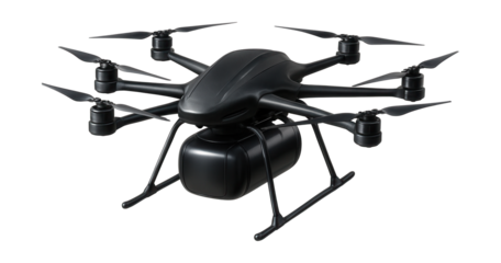 Octocopter drone featuring eight stable propellers and a cylindrical cargo compartment.