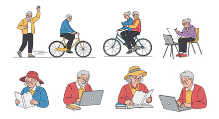 Set of active and modern senior characters enjoying their retirement with various hobbies like cycling, reading, and using laptops.