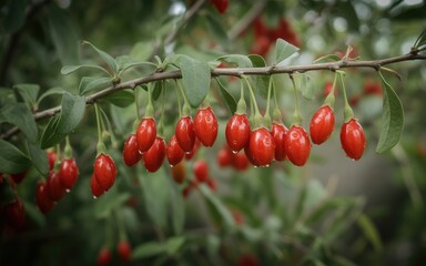 Vibrant goji berries glistening on the branch, a healthy snack bursting with flavor and antioxidants for your wellness needs and dietary supplements