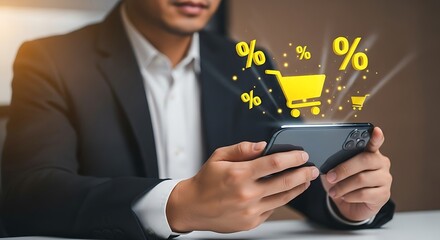 Man using smartphone with shopping cart and discount symbols.