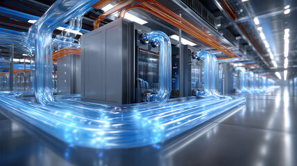 Ultra realistic scene of next gen data center infrastructure with glowing cooling pipes and advanced server racks clean