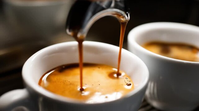 Two white cups on a dark wooden counter, espresso pours; crema forms glossy bubbles. rich aroma now