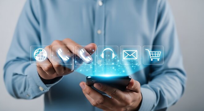 Man using smartphone with holographic icons for online communication. - Powered by Adobe