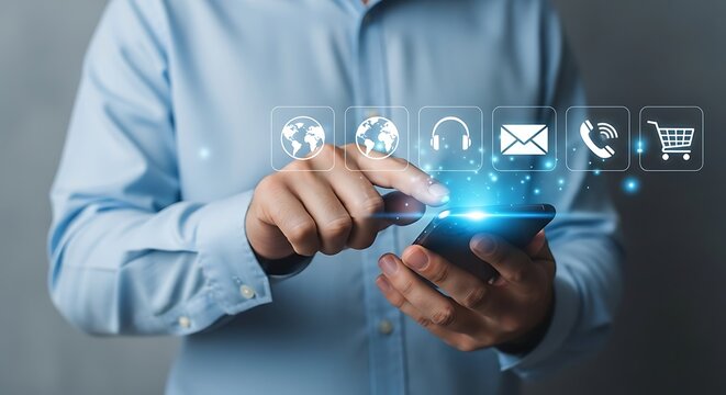 Man using smartphone with application icons hovering above screen. - Powered by Adobe