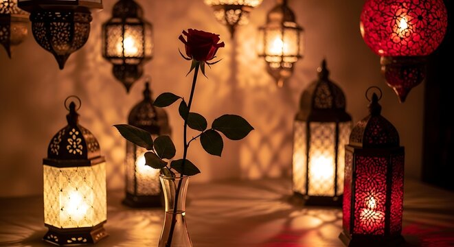 Red rose in vase, glowing ornate lanterns casting warm light