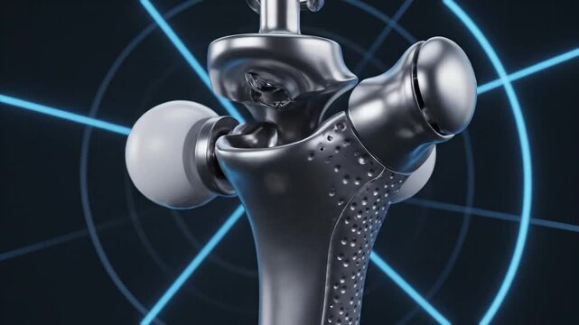 Close-up of a metallic hip implant with a textured surface.