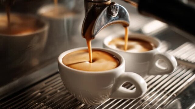 Two white ceramic cups receive rich espresso as a copper portafilter stream crema into brown liquid