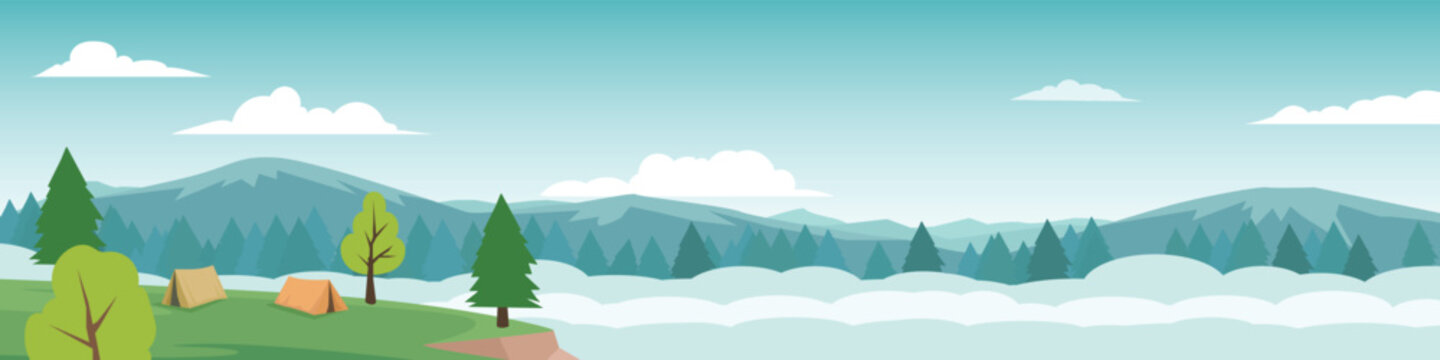 Horizontal of tent site on a hillside with trees. Landscape shrouded in dense fog covers the forest. Background of pine forest and tall mountains. And blue sky with white clodus. for travel banner.