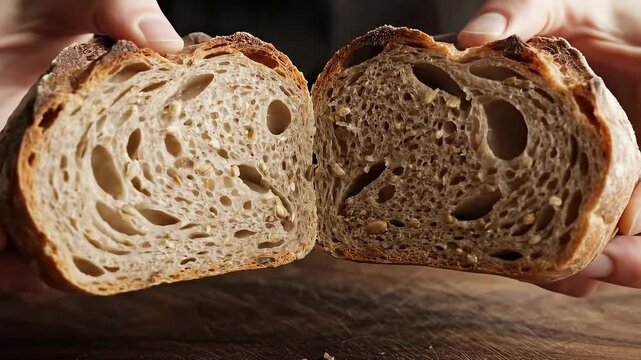 Hands breaking open fresh rustic artisan bread revealing the porous crumb