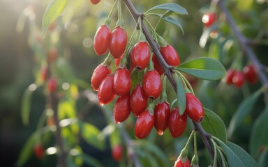 Fresh goji berries glistening on the branch in the morning sunlight, perfect for healthy eating, superfood recipes, and vibrant wellness content.