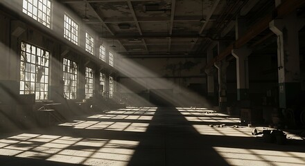 Empty square room with Discarded factory corridor with sunlight