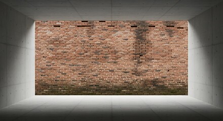 Empty square room with Panoramic background of wide old red brick wall texture