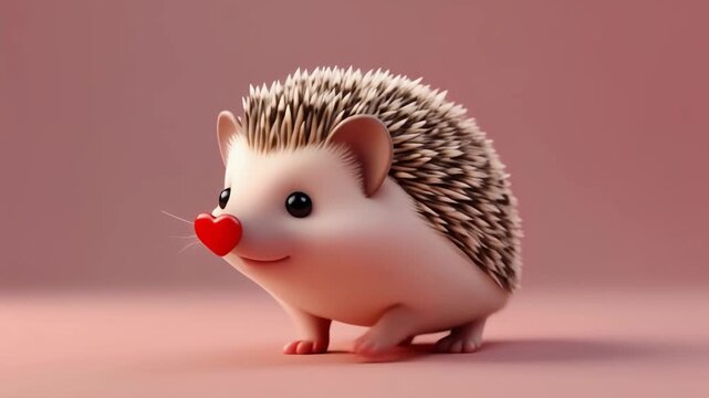 A cute, stylized hedgehog with a small red heart on its nose, standing on a pink background.