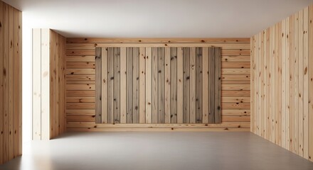 Empty square room with wooden panel wall background, vertical natural wood plank banner