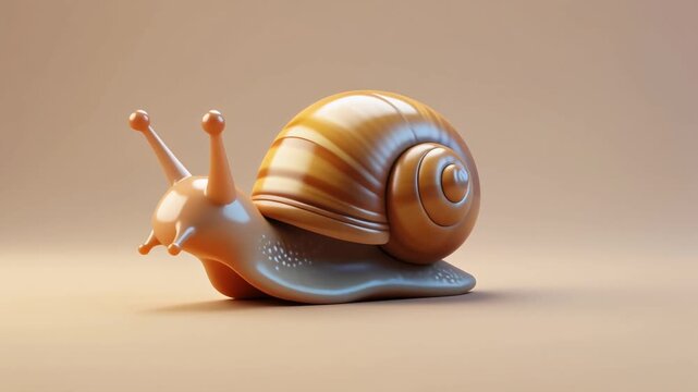 A glossy, stylized 3D render of a snail with a brown shell and light brown body on a soft, warm background.