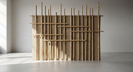 Empty square room with Natural bamboo poles mounted on beige textured fabric backdrop, creating rustic partition screen with organic materials