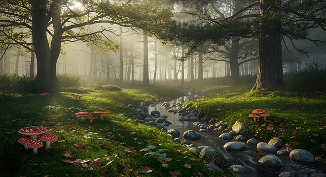 A serene forest stream lined with mushrooms and mossy stones