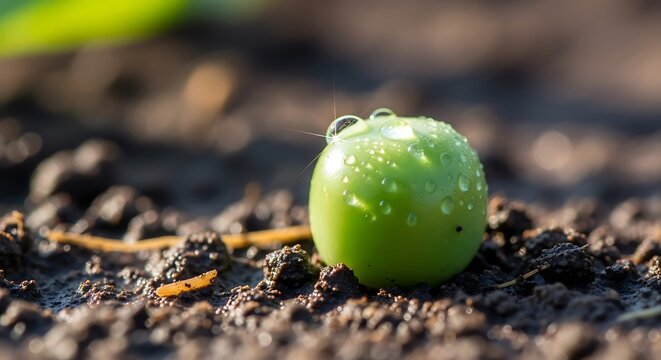 A single green pea sits on moist soil covered in dew drops