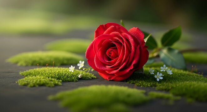 A single red rose with water droplets rests on mossy ground - Powered by Adobe