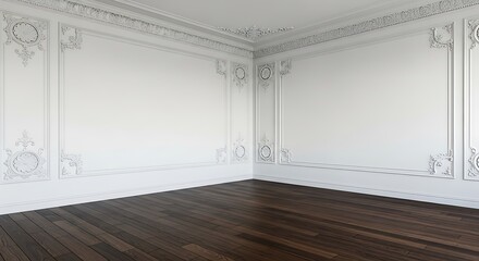 Empty square room with Ornamental moulding in the corner of a white room with dark wood floor interior concept