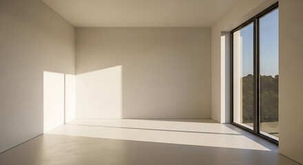 Empty square room with shadow wall space background mock up architecture sunlight. empty home modern window light floor design apartment white house indoor.