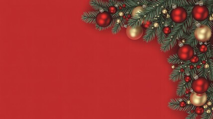Festive Christmas ornaments and pine boughs on vibrant red background