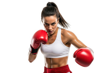 Female boxer with red gloves isolated on transparent background