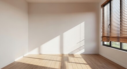 Empty square room with white wall in sunlight from brown window blind, tree shadow on wood laminated floor for luxury, minimal interior design decoration