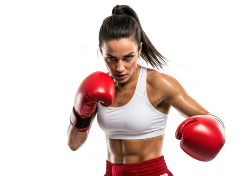 Female boxer with red gloves isolated on transparent background