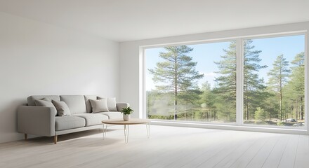 Empty square room with Scandinavian minimalistic white interior with sofa, coffee table, wood floor and big panoramic window
