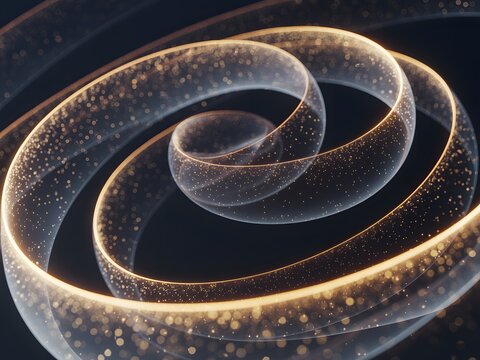 Abstract flowing golden ribbons with shimmering particles create a mesmerizing cosmic vortex effect against a dark background symbolizing energy and motion - Powered by Adobe