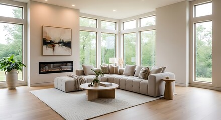 Modern open-plan living room with natural tones, wood finishes, and soft textures. Featuring a cozy modular sofa, minimalist fireplace, and large windows