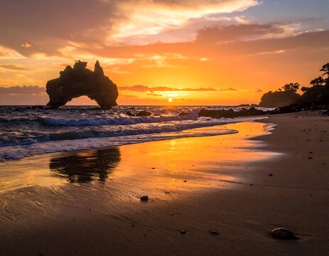 Golden hour sunrise over a rocky arch on a beach with ocean waves