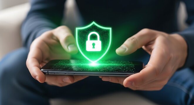 Mobile Security - Man Holding Phone with Security Shield Overlay.