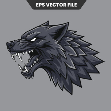 Ferocious wolf head illustration with sharp teeth and angry expression.