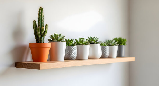 Modern Potted Succulents and Cactus on Wooden Shelf Background