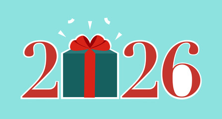 Year number of 2026 with gift box in flat design.