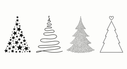 Obraz premium Four graphic Christmas trees in a row. Each has a unique design: stars, swirl, dots, and outline with a heart. Simple black and white.