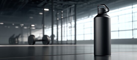 Black water bottle on a gym floor.