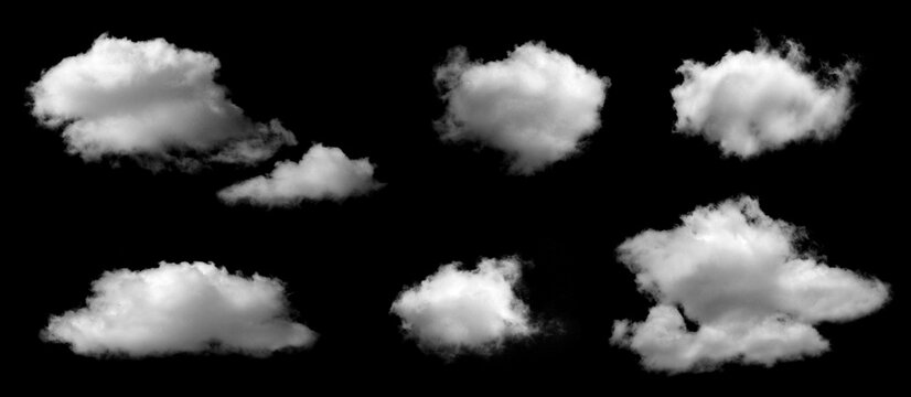 Collection of isolated white cloud shapes on a black background, perfect for digital design, photo compositing, weather concepts, sky effects, and creative graphic elements for professional artwork.