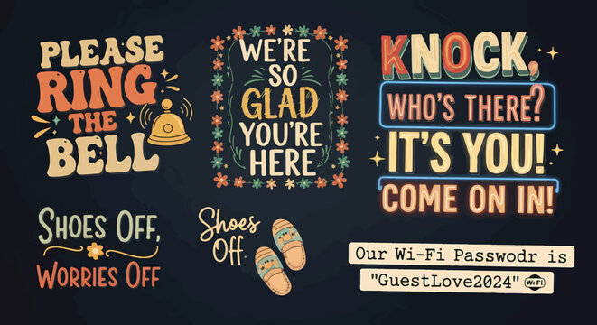 A collection of decorative signs with welcoming messages like Please Ring the Bell, Shoes Off, Worries Off, and Wi-Fi information, set against a dark background.