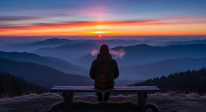 Person on bench watching sunrise over misty mountains