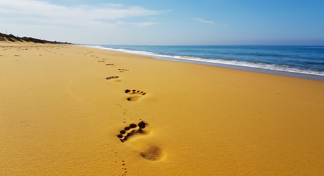 Golden sand beach with footprints leading towards the calm, blue ocean under a clear sky