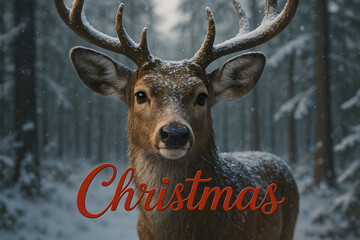 Close up of a deer in a snowy forest during winter with holiday season overlay 