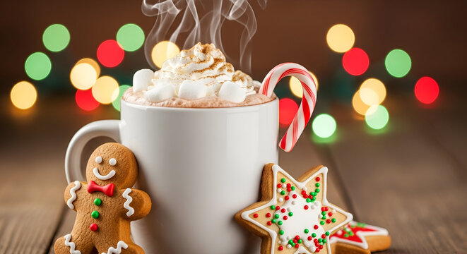 Hot Chocolate Mug with Whipped Cream and Gingerbread Cookies, Cozy Christmas Drink and Treats, Festive Holiday Beverage with Candy Cane, Warm Cocoa and Sweets Still Life, Isolated Mug and Cookies. - Powered by Adobe