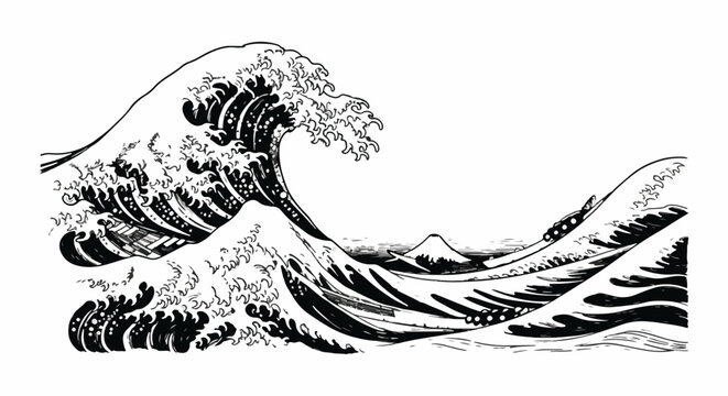 Naklejki Black and white ink illustration of a large, curling wave, reminiscent of Hokusai's The Great Wave off Kanagawa, with a mountain visible in the background.