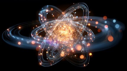 A glowing atom with orbiting particles is depicted against a dark background.